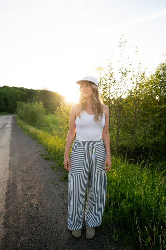 A- Pantalon Barrel - Ligné bleu